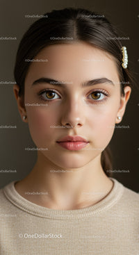 Elegant Youthful Woman with Hazel Eyes and Pearl Hair Clip