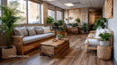 Bright Cozy Living Room with Indoor Plants and Wooden Furniture