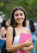 Smiling Young Woman Holding Pink Notebook in Outdoor Campus Scene