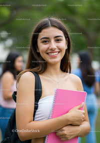 Smiling Young Woman Holding Pink Notebook in Outdoor Campus Scene