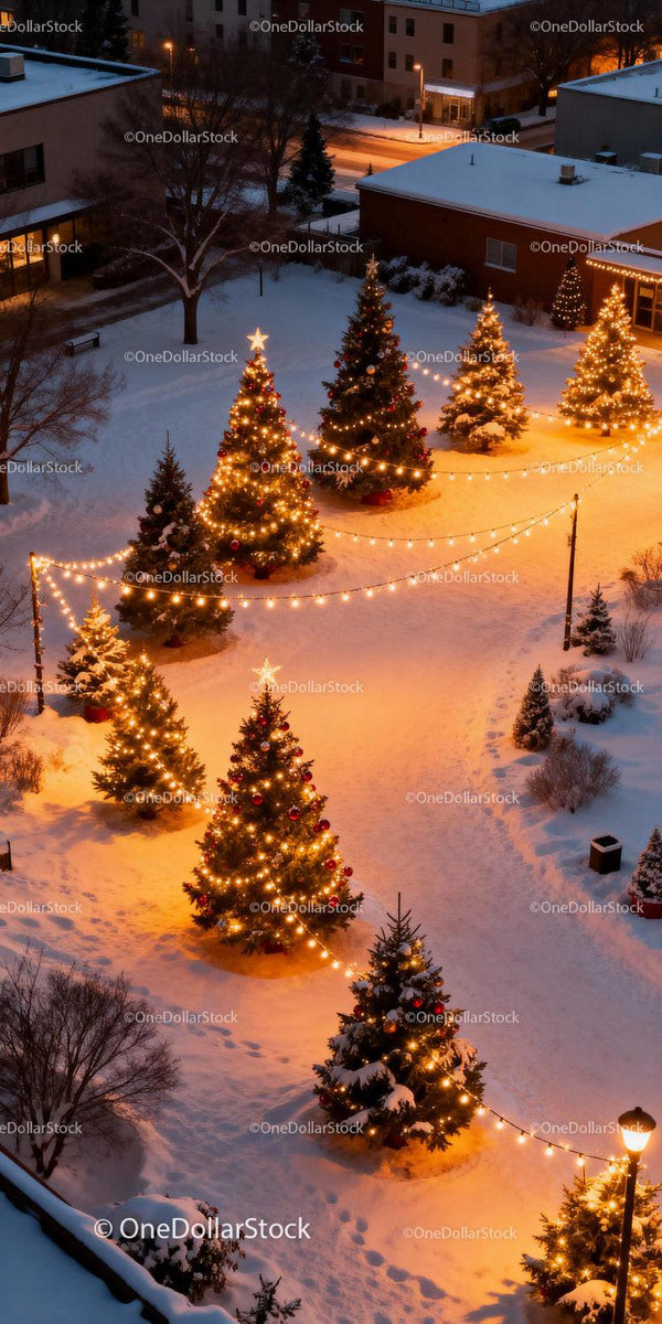 Festive Christmas Trees Illuminated in Snowy Evening