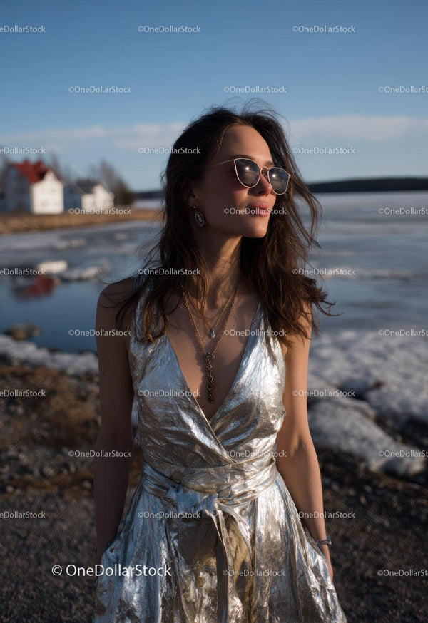 Fashionable Woman in Metallic Dress on Sunny Seaside Landscape