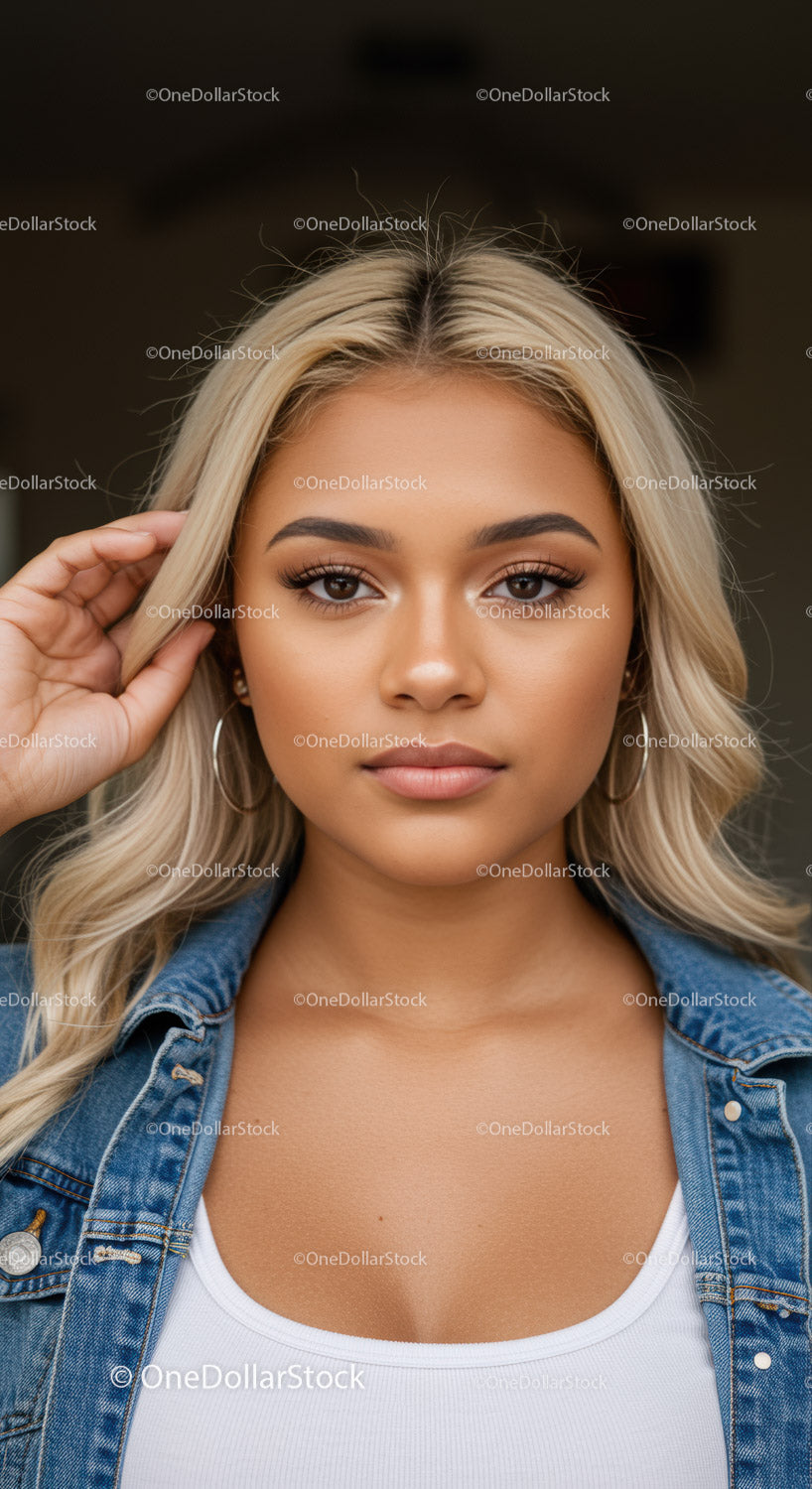 Confident young woman with blonde hair in denim jacket