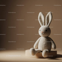 Soft Plush Bunny Sitting on Round Beige Pedestal