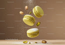 Floating pistachio macarons with powdered sugar
