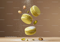 Floating pistachio macarons with powdered sugar