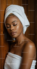 Young Woman Relaxing with Towel Wrap at Spa in Warm Wooden Environment