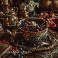 Vintage Silver Bowl of Mixed Berries and Pomegranate Seeds