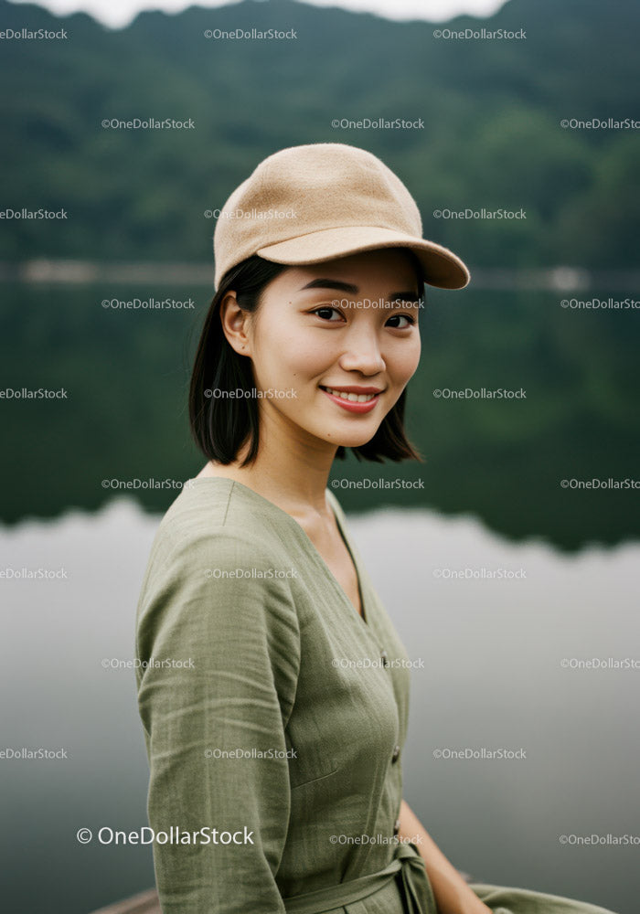 Young Woman in Casual Outfit Wearing Beige Cap by Lake