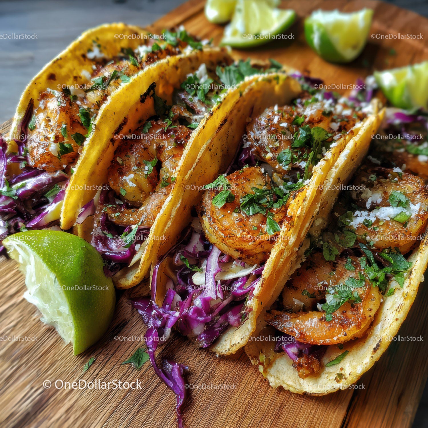 Świeże tacos z krewetkami, czerwoną kapustą i limonką na drewnianej desce