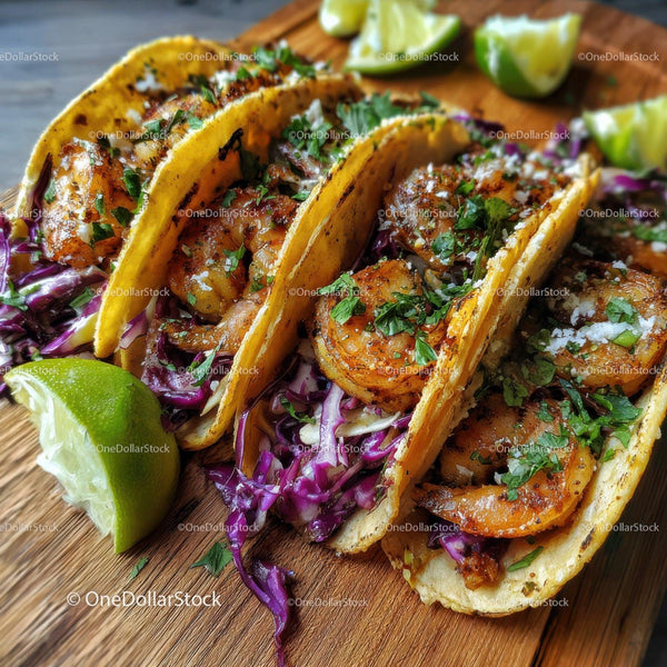 Fresh Shrimp Tacos with Purple Cabbage and Lime on Wooden Board