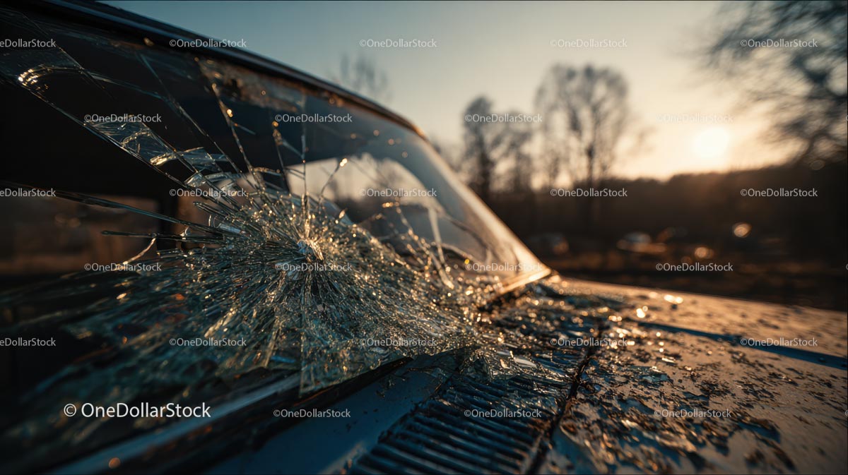Abandoned Vintage Car with Broken Glass at Sunset