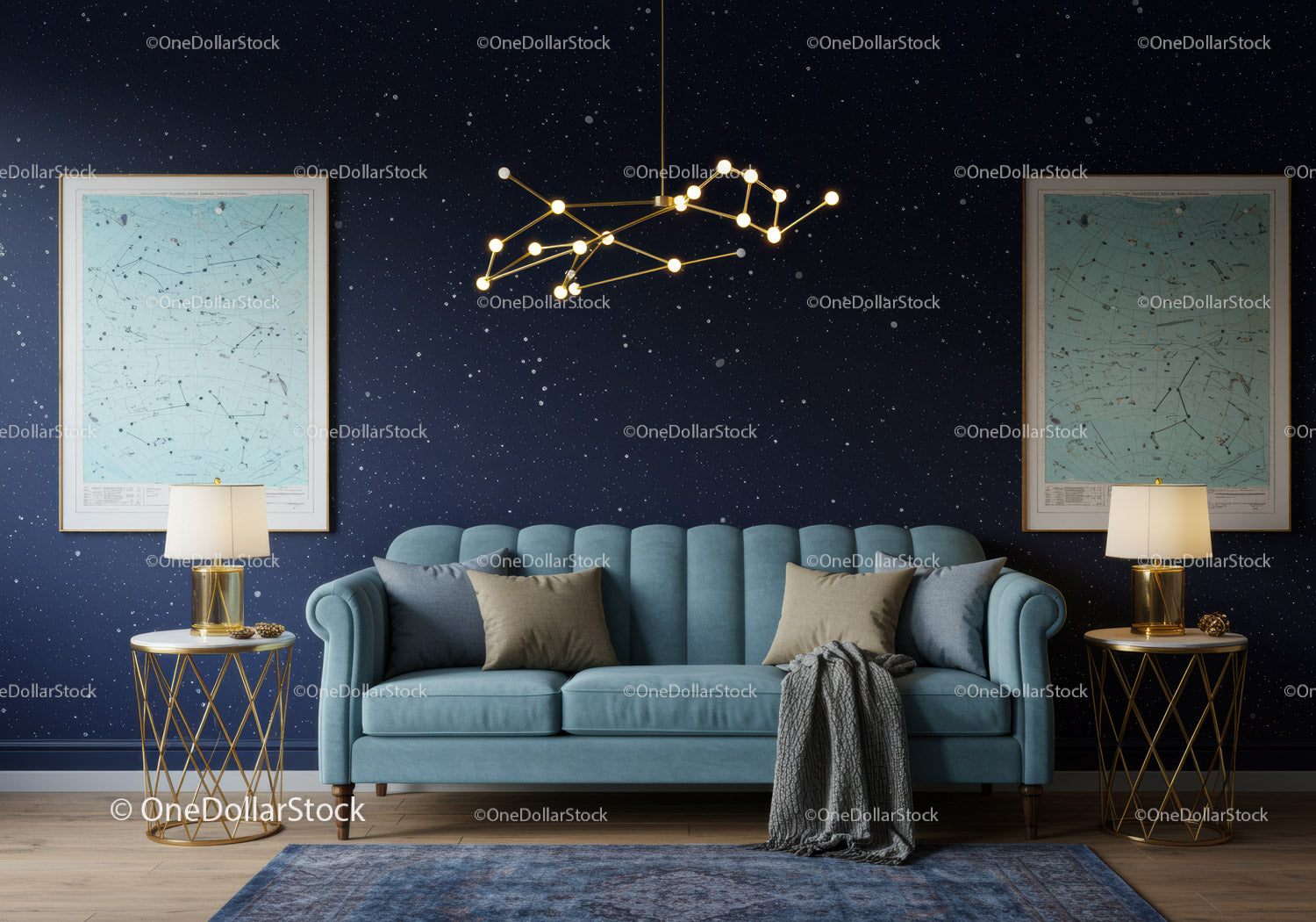 Elegancki salon z gwieździstą ścianą i niebieską sofą