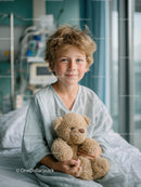Young Boy with Teddy Bear in Bright Hospital Room