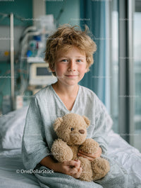 Young Boy with Teddy Bear in Bright Hospital Room