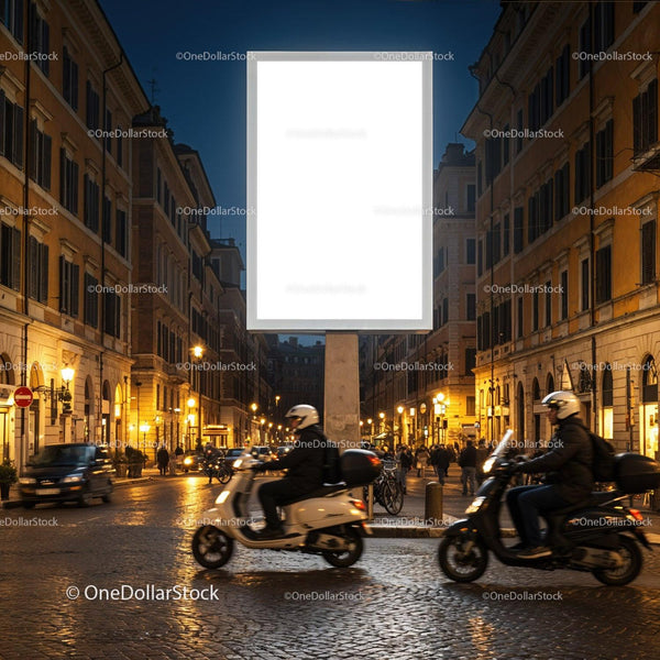 Evening traffic with scooters on historic cobblestone street JPG Mockup Image