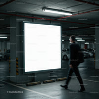 Man walking past illuminated blank billboard in parking garage
