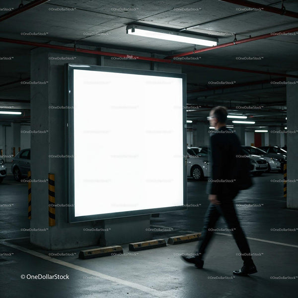 Man walking past illuminated blank billboard in parking garage JPG Mockup Image