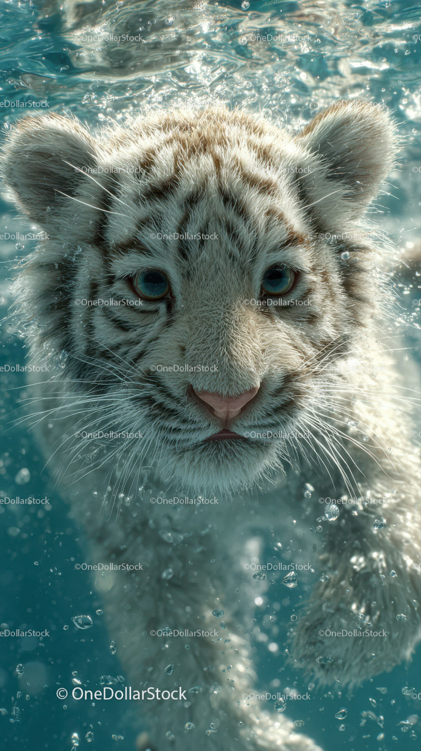 White tiger cub swimming underwater with piercing blue eyes