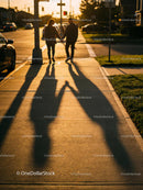 Couple Holding Hands Walking on Sunny Sidewalk