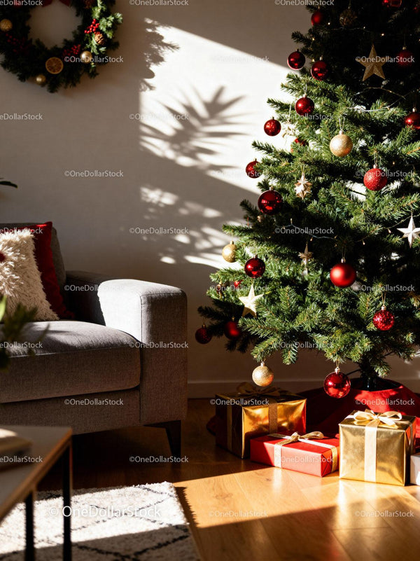 Cozy living room with decorated Christmas tree and gifts