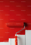 Red Paint Wall Being Painted with Roller in Modern Home Interior
