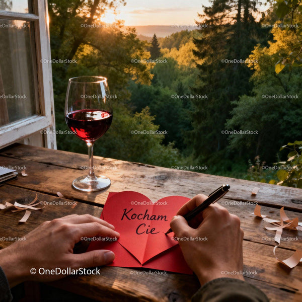 Handwriting Love Note with Glass of Red Wine at Sunset