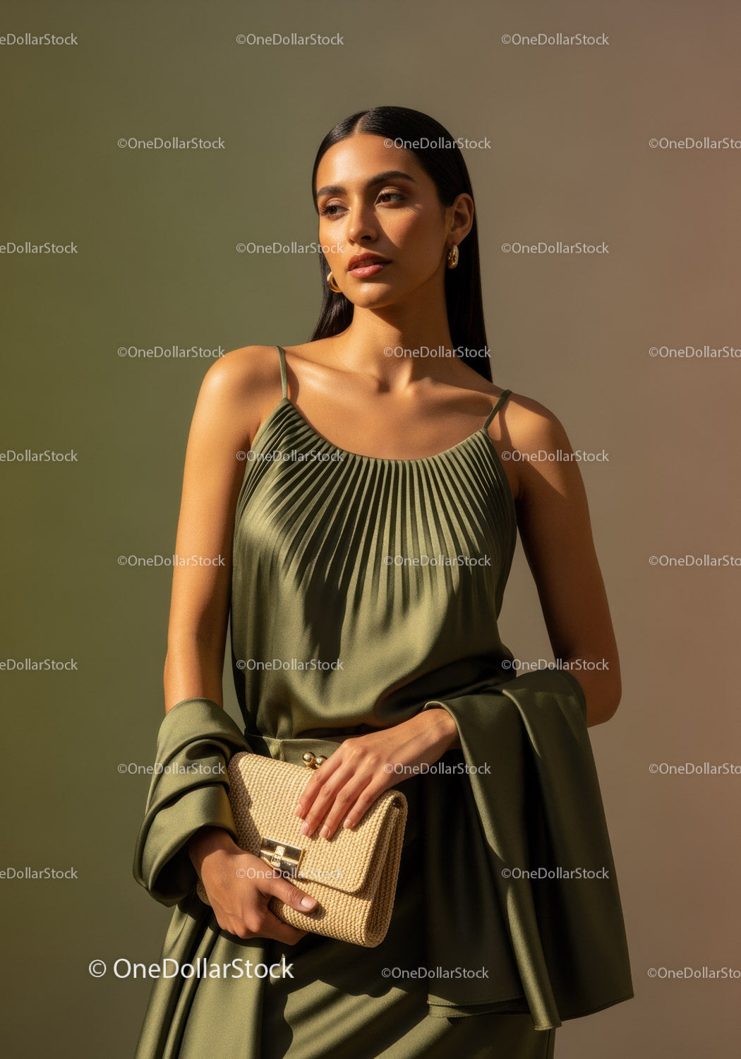 Elegant Woman Wearing Olive Green Satin Camisole with Handbag