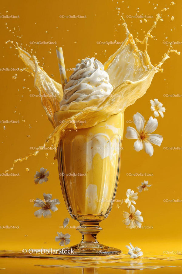 Creamy Vanilla Ice Cream Splash with Flowers in a Glass