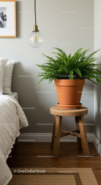 Indoor Fern Plant in Terracotta Pot on Wooden Stool in Modern Bedroom