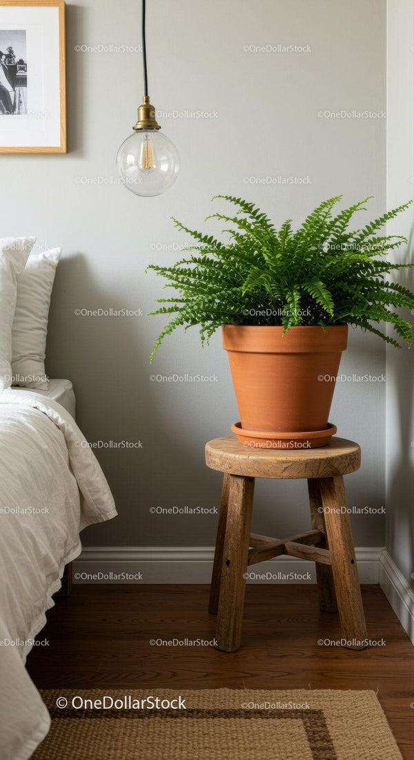 Indoor Fern Plant in Terracotta Pot on Wooden Stool in Modern Bedroom