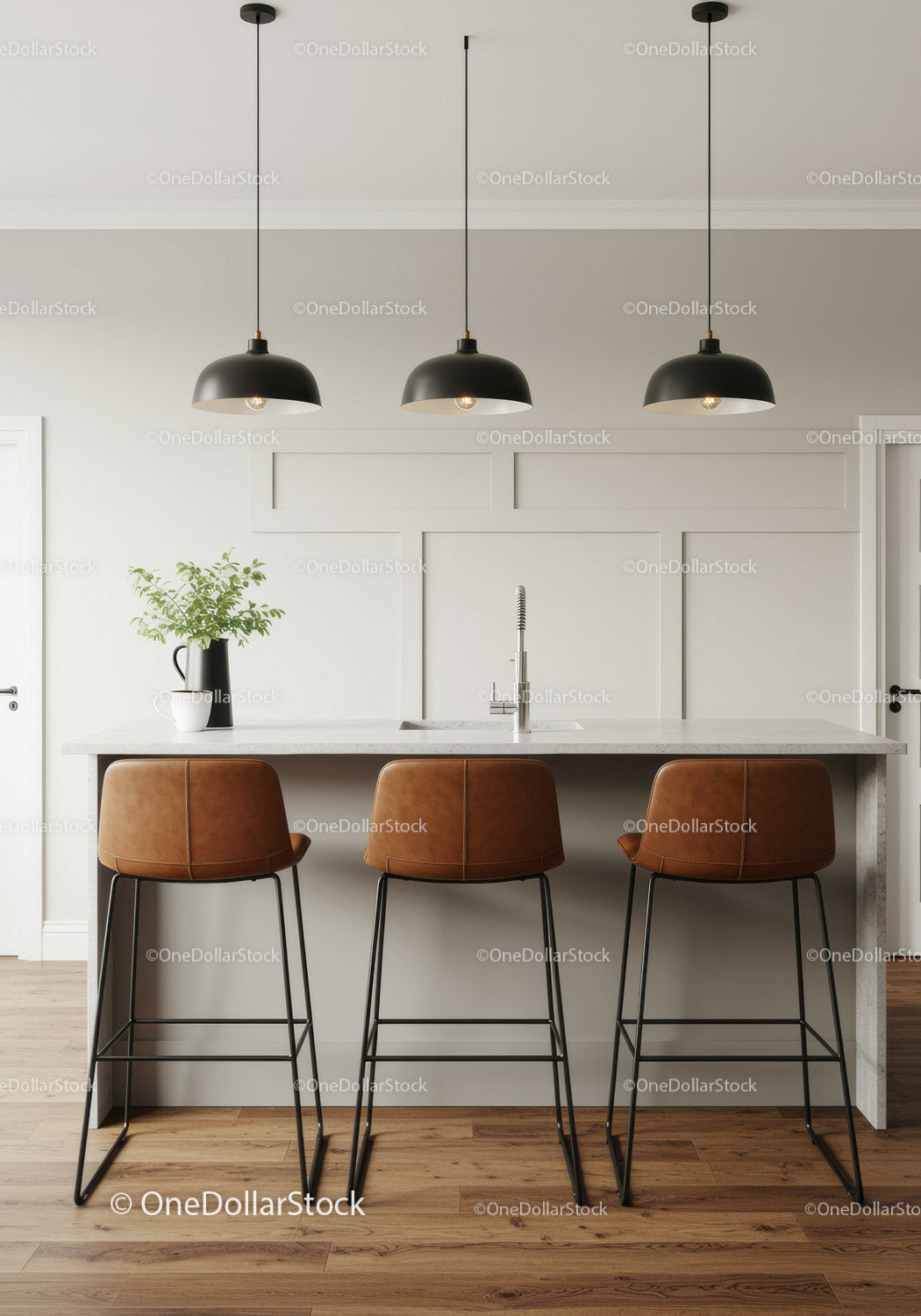 Modern Kitchen with White Countertop and Brown Leather Bar Stools