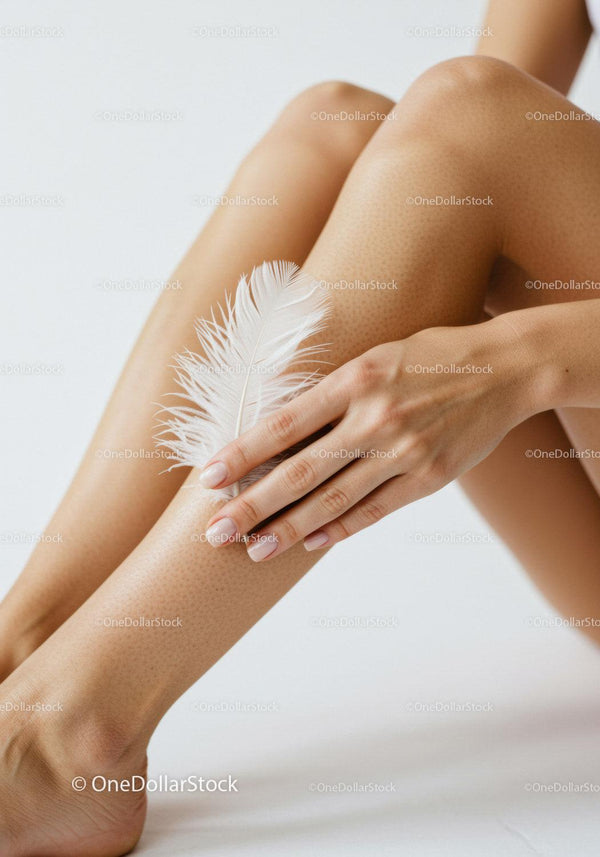 Close-Up of a Woman's Legs with a White Feather and Hand in Soft Light