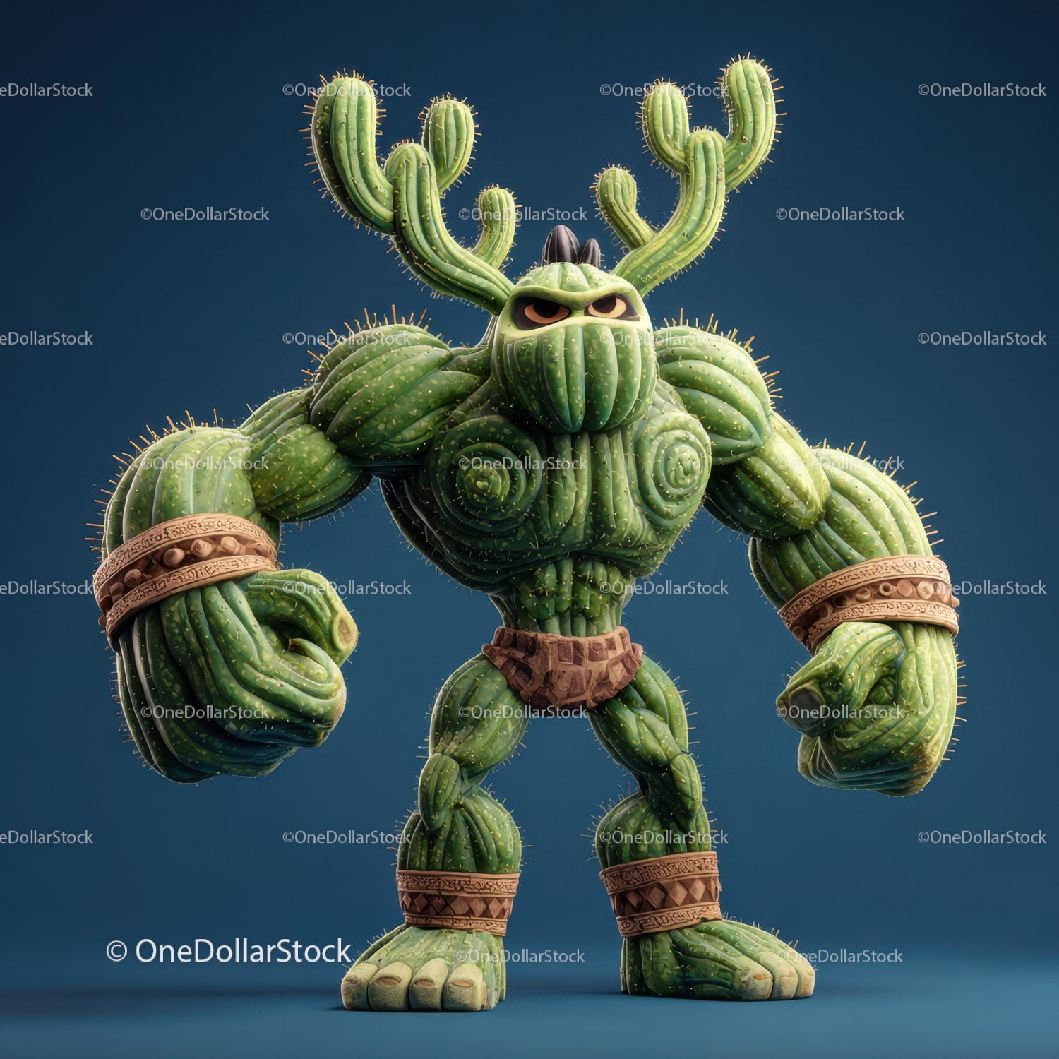 Vibrant Green Anthropomorphic Cactus Character with Muscular Build