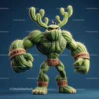 Vibrant Green Anthropomorphic Cactus Character with Muscular Build