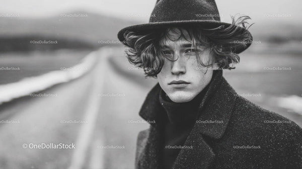 Moody Black and White Portrait of a Young Man with Windblown Hair