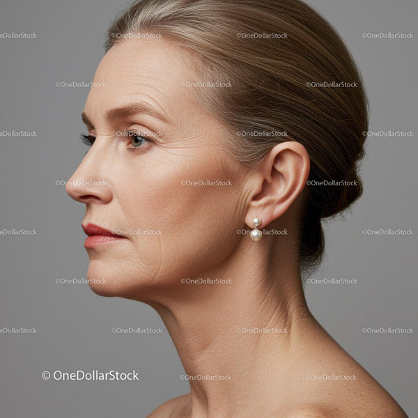 Elegancki Profil Dojrzałej Kobiety z Perłowymi Kolczykami i Gładką Skórą