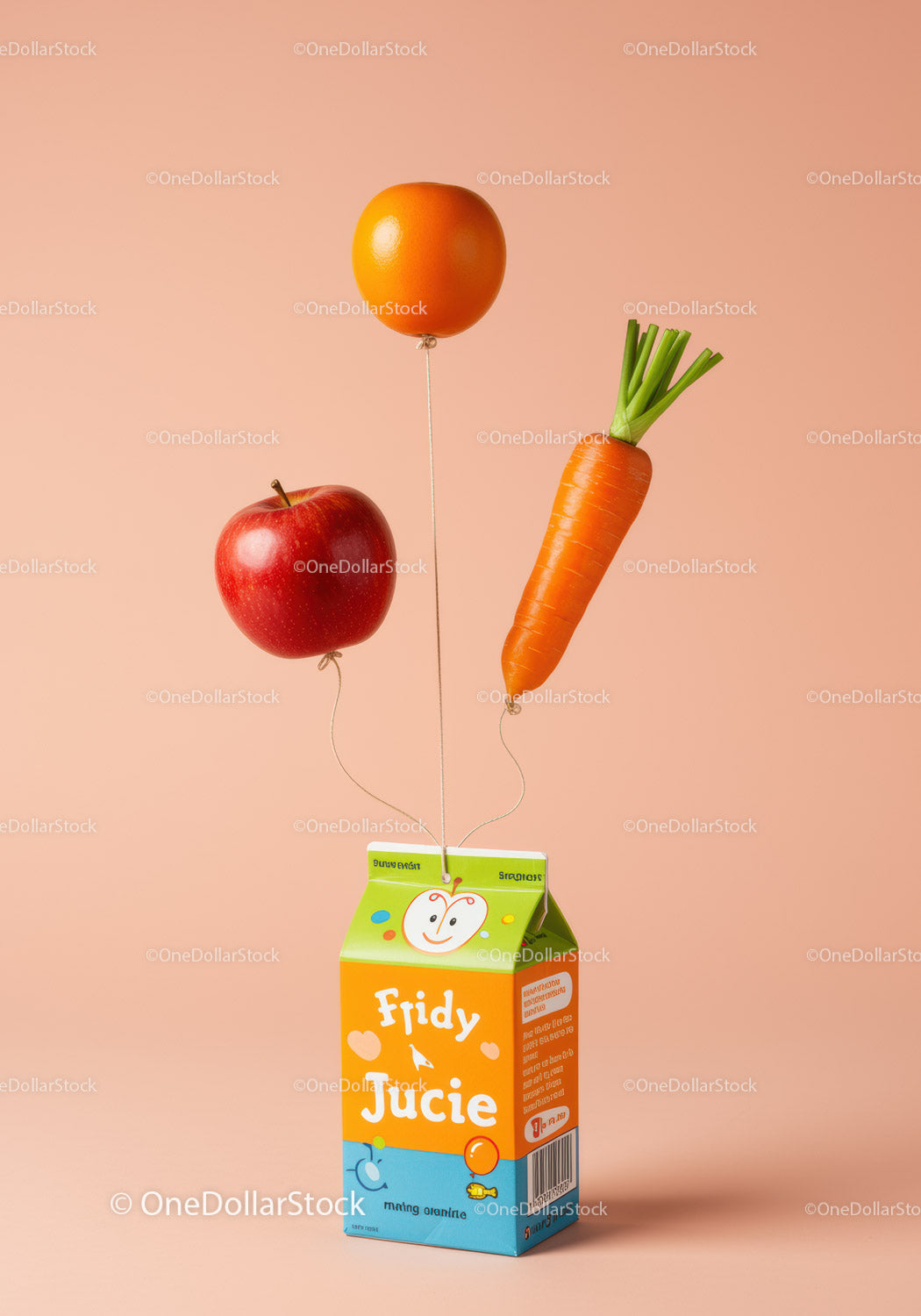 Creative juice box with floating fresh fruits and vegetable