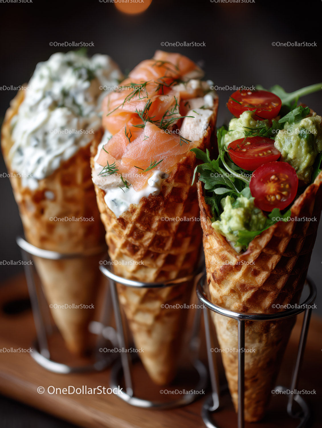 Assorted Waffle Cones with Fresh Vegetables and Smoked Salmon