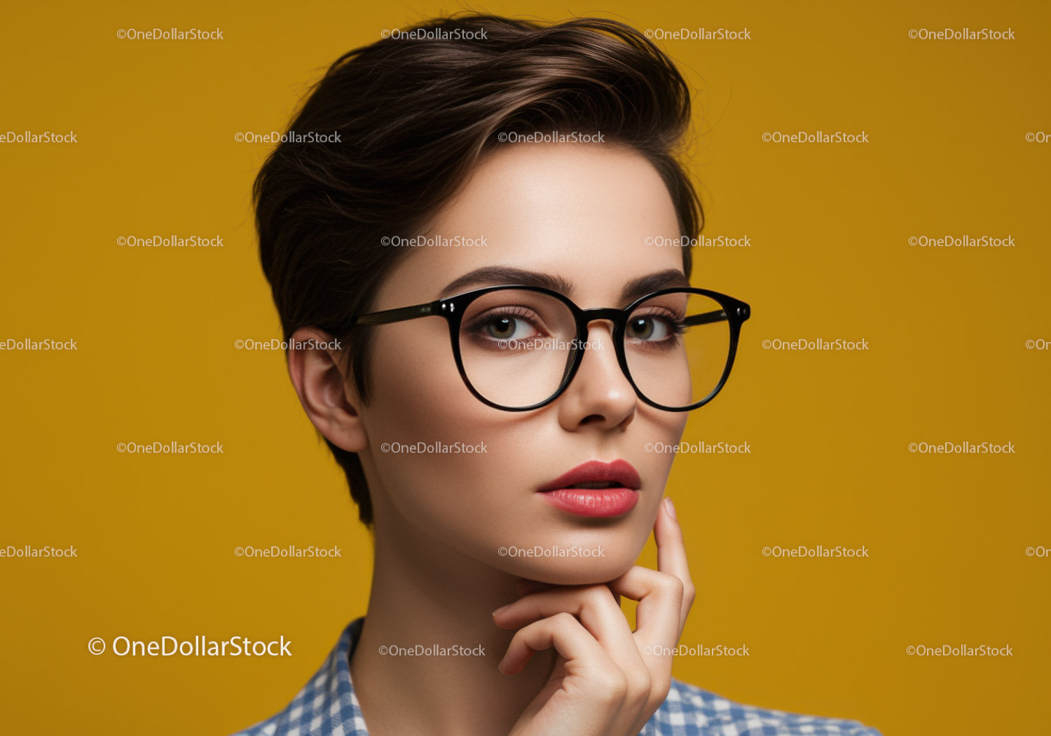 Elegancka młoda kobieta w czarnych, okrągłych okularach na żółtym tle