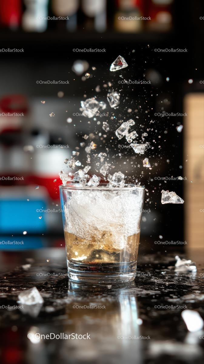 Dynamic Splash of Ice Cubes in a Glass with a Cold Beverage