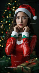 Young woman in Santa outfit near decorated Christmas tree