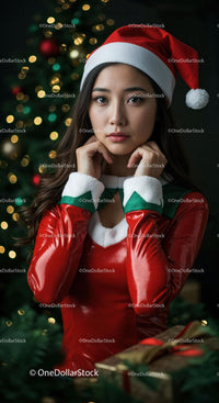 Young woman in Santa outfit near decorated Christmas tree
