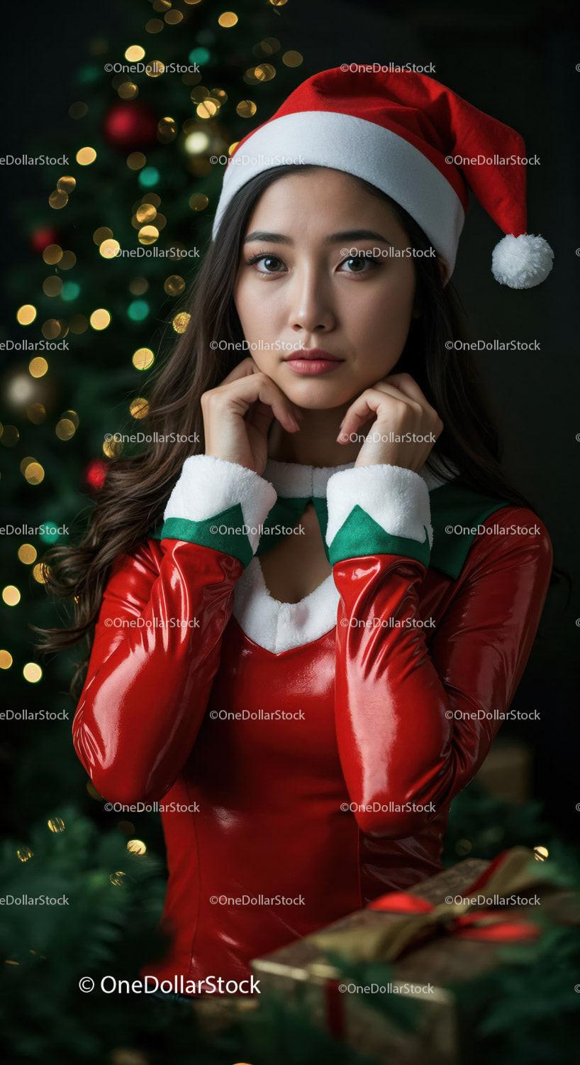 Young woman in Santa outfit near decorated Christmas tree