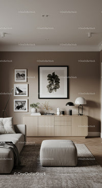Contemporary Living Room with Neutral Tones and Artistic Decor