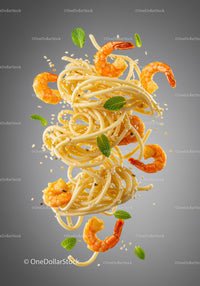 Floating spaghetti with shrimp, mint, and sesame seeds