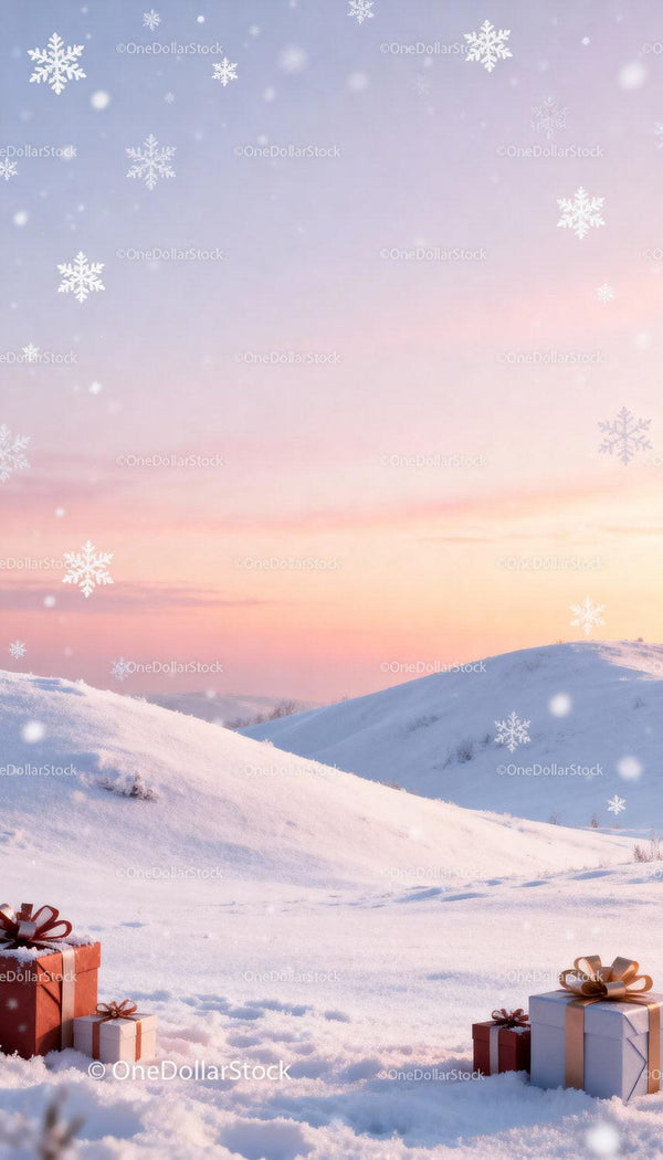 Winter gifts resting on fresh snow at sunset