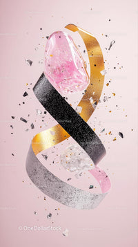 Elegant Pink Gemstone with Glitter Confetti and Gold Streamers