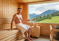 Serene Man Relaxing in Wooden Sauna with Mountain View