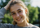 Happy Young Woman Smiling Outdoors with Sunlight and Green Background